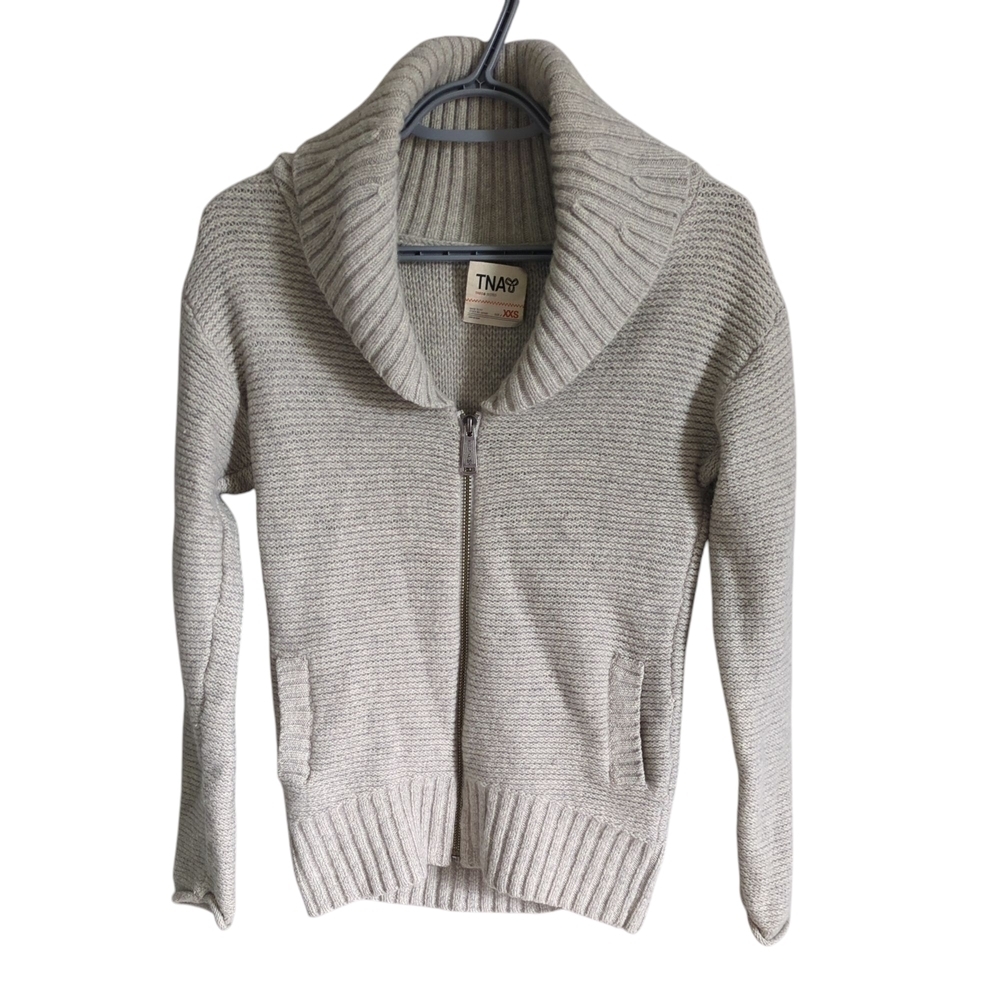 TNA Cream/Gray 100% Wool Collar Zip Up Sweater Size XXS